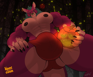 abs anthro autumn biceps black_nipples blue_eyes blue_hair blue_tail bodily_fluids bottom_pov bulge clothed clothing detailed_bulge ear_piercing ear_ring eclipse eyebrows food forest fruit fuchsia_fur fur genital_fluids green_nose hair half_naked harness holidays jack-o'-lantern low-angle_view lunar_eclipse male mask moon muscular muscular_anthro muscular_male night nipple_piercing nipples nude outside pecs piercing plant pumpkin purple_body purple_fur red_harness red_moon ring_piercing side_eye sky smile smirk solo stained_underwear standing tail thong tree underwear underwear_only white_body white_eyebrows white_fur worm's-eye_view rooccoon_(artist) vexedlupine halloween mythology rooccoon arthropod beetle canid canine canis elateroid firefly hybrid insect kangaroo macropod mammal marsupial mythological_canine mythological_creature procyonid raccoon werecanid werecanine werecreature werekangaroo weremacropod weremarsupial werewolf wolf 6:5 digital_media_(artwork) hi_res