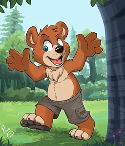 anthro barefoot blue_eyes blue_sky bottomwear brown_bottomwear brown_clothing brown_shorts cheek_tuft clothed clothing day facial_tuft fangs feet front_view fur glistening glistening_eyes grass head_tuft logo male male_anthro open_mouth open_smile orange_body orange_fur outside plant red_tongue shorts sky smile solo standing tan_body tan_fur teeth tongue topless tree tuft young young_anthro young_male pandapaco bear mammal artist_logo signature