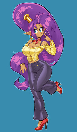 black_bottomwear black_clothing black_pants blue_eyes bottomwear breasts clothing collarbone ear_piercing ear_ring eyebrows eyelashes female footwear glistening glistening_clothing hair high_heels humanoid_pointy_ears long_hair midriff not_furry pants piercing pointy_ears ponytail purple_hair ring_piercing secretary shirt shoes solo topwear yellow_clothing yellow_shirt yellow_topwear jamoart shantae_(series) wayforward shantae genie humanoid 2025 hi_res