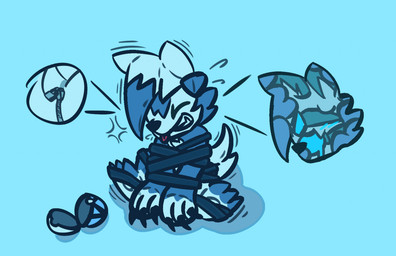 anthro arms_tied ball_gag bdsm blindfold blue_body blue_fur blush blush_lines bondage bound clothing costume encasement female fur gag gagged legs_tied lock padlock plushie plushsuit pokeball pokemon_costume solo struggling white_body white_fur white_paws zipper batvvolf nintendo pokemon sierra_(batvvolf) bat generation_7_pokemon lycanroc mammal pokemon_(species)