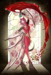 art_nouveau blood bodily_fluids female fur hair melee_weapon membrane_(anatomy) membranous_wings pink_body pink_fur pink_hair smile solo sword weapon wings inkfall nyxis bat mammal