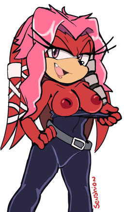 anthro areola breasts clothed clothing eyelashes fangs female fur hair half-closed_eyes lipstick makeup narrowed_eyes nipples open_mouth pink_hair red_body red_fur solo standing teeth senshion archie_comics sega sonic_the_hedgehog_(archie) sonic_the_hedgehog_(comics) sonic_the_hedgehog_(series) lien-da echidna mammal monotreme absurd_res hi_res