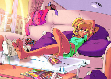 3_toes accessory anthro barcode barefoot blonde_hair chinese_food chopsticks claws curtains_open discarded_jacket discarded_necktie feet female food furniture glass_table green_eyes hair holding_with_foot magazine necktie object_between_toes pillow pink_nose plushie pretzel_(food) purple_necktie sofa soles solo table toe_claws toes artoonooref hanna-barbera swat_kats callie_briggs razor_(swat_kats) domestic_cat felid feline felis mammal 2026 dated signature
