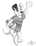 3_toes 4_fingers anthro anthrofied biped bottomless clothed clothing feet fingers fur gesture holding_object looking_at_viewer male open_mouth open_smile shirt simple_background skateboard smile solo standing t-shirt toes topwear vehicle waving white_background betsythebeaver 101_dalmatians disney patch_(101_dalmatians) canid canine canis dalmatian domestic_dog mammal 2013 greyscale hi_res monochrome signature sketch