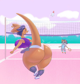 accessory anthro badminton big_breasts big_butt blue_clothing blue_leotard bottomwear breasts brown_body brown_fur butt cleavage clothed clothing cloud duo ear_piercing ear_ring eyelashes female footwear fur grey_body grey_fur hair headband huge_breasts huge_butt huge_hips huge_thighs knee_highs knee_socks legwear leotard miniskirt net outside panties piercing plant ponytail purple_clothing purple_topwear racket ring_piercing shoes shrub shuttlecock skirt smile socks sport tail text thick_thighs topwear underwear volleyball_net white_clothing white_panties white_underwear wide_hips wristband shgrcube cassidy_(nahff) kangaroo macropod mammal marsupial procyonid raccoon absurd_res english_text hi_res