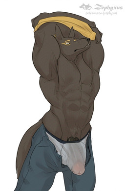 abs anthro biped black_body black_fur bottomwear clothed clothing erection erection_under_clothing eyeliner fur genitals humanoid_genitalia humanoid_penis makeup male male_anthro muscular muscular_anthro muscular_male open_bottomwear open_clothing open_pants pants pecs penis simple_background solo tenting undressing white_background zephyxus egyptian_mythology middle_eastern_mythology mythology anubis anubian_jackal canid canine canis deity jackal mammal 2026 digital_media_(artwork)