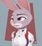 anthro bodily_fluids buckteeth clothed clothing cosplay crying female fur grey_body grey_fur mech_suit notched_ear pink_nose plugsuit purple_eyes smile solo tears teeth tight_clothing glumhum disney neon_genesis_evangelion zootopia judy_hopps rei_ayanami lagomorph leporid mammal rabbit 2017 hi_res