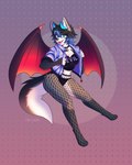4:5 anthro bat_wings big_wings black_clothing black_hair black_panties black_underwear blue_eyes blue_hair blue_horn breasts canid canid_demon canine choker clothing cross cross_necklace curvy_figure dark_wings demon eraiza_harou_(mileybunboi) female fishnet_stockings fluffy fluffy_tail freyjagc fur grey_body grey_fur hair hellhound hi_res highlights_(coloring) horn jacket jewelry looking_at_viewer mammal membrane_(anatomy) membranous_wings mythological_canine mythological_creature mythology necklace panties purple_clothing purple_jacket purple_topwear red_wings seductive simple_background solo succubus tail thick_thighs topwear underwear voluptuous white_body white_fur wings