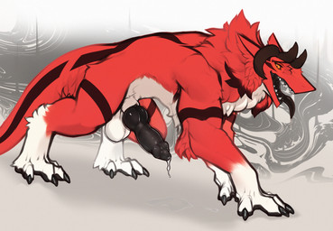 4_legs ambiguous_fluids animal_genitalia balls belly black_horn black_penis black_stripes bodily_fluids dripping drooling erection feral fur genital_fluids genitals grin horn knot knotted_penis looking_at_viewer male mane markings neck_tuft orange_eyes penis precum precum_drip precum_string quadruped red_body red_mane red_scales saliva scales sheath side_view smile solo standing striped_markings striped_tail stripes tail tail_markings tuft white_belly white_body white_chest white_fur white_paws yellow_eyes allanthesergal52 allanthesergal52_(character) demon sergal absurd_res hi_res huge_filesize
