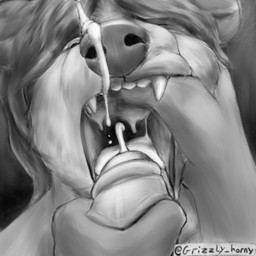 anthro bodily_fluids close-up cum cum_in_mouth cum_inside cum_on_face cumshot duo ejaculation finger_in_mouth foreskin front_view genital_fluids genitals hair hair_over_eye humanoid_genitalia humanoid_penis male male/male masturbation medium_hair one_eye_obstructed open_mouth penis teeth tongue grizzlyhorn_(artist) canid canine mammal 1:1 2022 digital_media_(artwork) digital_painting_(artwork) greyscale headshot_portrait hi_res icon monochrome painting_(artwork) portrait