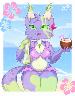 anthro beach beverage bikini bikini_bottom bikini_top breasts clothing coconut coconut_drink detailed_background drinking_straw drupe_(fruit) female floral_pattern food front_view fruit furaffinity_logo green_eyes green_sclera heart_symbol jewelry looking_up markings navel necklace plant smile solo sparkles spots spotted_body swimwear tail text towel two-piece_swimsuit day1or furaffinity domestic_cat felid feline felis mammal artist_name hi_res