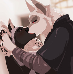 anthro black_body black_clothing black_fur blue_eyes blush cloak clothing duo eye_contact facial_markings french_kissing fur grey_body grey_fur hand_holding head_markings kissing looking_at_another male male/male markings neckfluff pinned red_eyes spotted_paws tongue white_body white_fur lawkie dreamworks puss_in_boots_(franchise) aske_(tsarfox64) death_(puss_in_boots) canid canine canis fox mammal red_fox silver_fox true_fox wolf 2025 hi_res