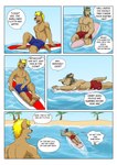 5_panel_comic abs anthro athletic athletic_anthro athletic_male beach black_hair blonde_hair blue_bottomwear blue_clothing blue_shorts bottomwear brown_body brown_fur clothed clothing dialogue duo fur hair hat headgear headwear male palm_tree pecs plant red_bottomwear red_clothing red_shorts sand sea seaside shorts surfboard surfing swimming text topless topless_male tree upset visor_cap water vju79 guss_(vju79) roj_(vju79) canid canine canis mammal wolf comic english_text hi_res