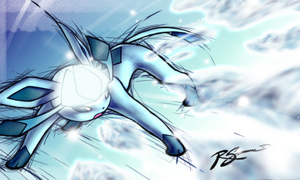 ambiguous_gender attack cloud digitigrade feral fighting_pose fur green_body green_fur ice pose quadruped snow solo ja-punkster nintendo pokemon canid canine eeveelution generation_4_pokemon glaceon mammal pokemon_(species) 5:3 blue_theme shaded signature