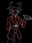 4_horns anthro black_body black_eyes black_fur book clothing curved_horn fluffy fur hand_behind_back holding_book holding_object horn looking_at_viewer male multi_horn occult_symbol outline pentagram pentagram_clothing red_sclera solo suit symbol vantablack_fur well_dressed white_outline nastyfr vanta_(protolady) bovid caprine caprine_demon demon mammal