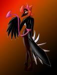 anthro avian beak bedroom_eyes bird black_body black_feathers eyebrows eyelashes feather_6 feathered_wings feathers feet female half-closed_eyes narrowed_eyes pose red_body red_feathers seductive simple_background solo tail tail_feathers talons toes whitephoenix52 wings zenma