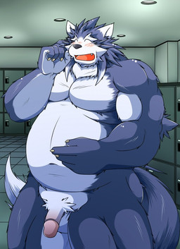 anthro balls belly black_nose blush eyes_closed flaccid genitals humanoid_genitalia humanoid_hands humanoid_penis inside kemono locker_room male moobs navel overweight overweight_male penis solo seturou1010 canid canine canis mammal wolf 2015