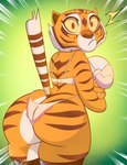 2024 absurd_res anthro bra breasts butt clothing dreamworks exposure_variation felid female green_background grimphantom hi_res kung_fu_panda looking_at_viewer looking_back mammal master_tigress pantherine panties rear_view side_boob simple_background solo tiger underwear