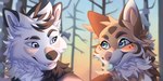 artctic_wolf blep blue_eyes duo female feral forest fur male male/female plant rainbow teeth tongue tongue_out tree white_body white_fur takomishadow ashen_(maledictionz) misha_(takomishadow) canid canine canis coyote mammal 2:1 hi_res