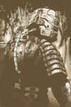 armor detailed_background headgear helmet looking_at_viewer looking_back male not_furry solo naythynn dead_space electronic_arts visceral_games isaac_clarke human mammal hi_res monochrome redraw sepia