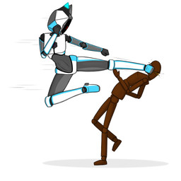 anthro battle blue_body breasts camera clothed clothing duo female grey_body kick machine mannequin not_furry note red_eyes screen silicone simple_background wooden_body judy_anon voices_of_the_void kerfur_omega_(votv) domestic_cat felid feline felis mammal robot robot_anthro 1:1 2026 digital_drawing_(artwork) digital_media_(artwork) hi_res