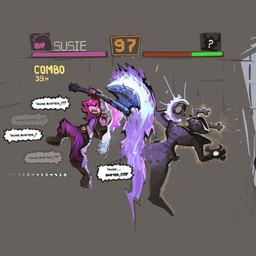ambiguous_anthro ambiguous_gender anthro antlers armband armor axe belt biped black_body black_boots black_clothing black_footwear black_jacket black_topwear boots bottomwear clothing combo_meter dialogue directional_arrow duo exclamation_point faceless female female_anthro fight fighting_game footwear gameplay_mechanics grey_background gui hair health_bar heart_buckle horn jacket midriff pants purple_body purple_bottomwear purple_clothing purple_hair purple_pants purple_shirt purple_topwear quotation_marks shirt shoes simple_background slim_ambiguous slim_female small_waist speech_bubble spiked_armband spikes text topwear wasp_waist zeusdex arc_system_works deltarune guilty_gear undertale_(series) roaring_knight susie_(deltarune) scalie shadow_creature 2025 english_description english_text hi_res