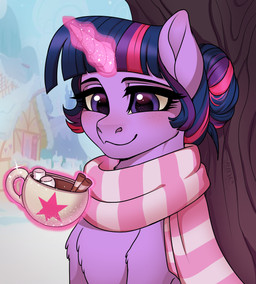 beverage candy chocolate cinnamon_(spice) dessert female feral food freckles glowing glowing_horn horn hot_chocolate magic marshmallow plant scarf smile solo tree junebugc friendship_is_magic hasbro my_little_pony mythology twilight_sparkle_(mlp) equid equine mammal mythological_creature mythological_equine unicorn absurd_res bust_portrait hi_res portrait