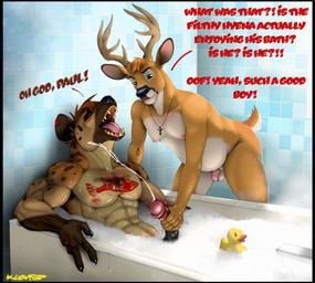 abs anthro antlers areola balls bathtub big_glans black_border bodily_fluids border circumcised circumcision_scar cross cross_necklace cum cumshot dialogue dirty duo ejaculation erection eyes_closed flaccid foreskin fur genital_fluids genital_scar genitals glans hair hand_on_penis handjob horn humanoid_genitalia humanoid_penis jewelry male male/male markings muscular muscular_anthro muscular_male navel necklace nipples nude open_mouth orgasm orgasm_face partially_submerged pecs penile penis rubber_duck saliva saliva_string scar sex sitting smile soap_bubbles spots spotted_body spotted_fur standing tail tattoo text tongue water wet wet_body klaus_doberman axel_(klausd) paul_(klausd) deer hyena mammal spotted_hyena digital_media_(artwork) english_text hi_res