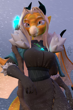 anthro clothed clothing female looking_at_viewer multicolored_body simple_background solo wings mr_tit mythology dragon mythological_creature mythological_scalie scalie 3d_(artwork) digital_media_(artwork) hi_res