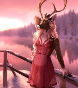 anthro antlers breasts clothed clothing eyes_closed female fence hair horn lingerie long_hair nightgown outside panties plant smile snow solo sunset translucent translucent_clothing tree underwear white_hair zazzuki deer mammal new_world_deer reindeer hi_res