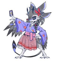4_ears accessory ambiguous_anthro ambiguous_gender anthro asian_clothing barefoot biped black_sclera blue_body blue_eyes braided_hair claws clothed clothed_ambiguous clothed_anthro clothing digitigrade east_asian_clothing feet finger_claws fingers fully_clothed fully_clothed_ambiguous fully_clothed_anthro grey_body hair hair_accessory holding_card holding_object iris looking_at_viewer multi_ear multicolored_body open_mouth pose pupils solo standing tail toe_claws wide_stance wings harvie_sorroway_(artist) avali avian 2026 digital_drawing_(artwork) digital_media_(artwork) full-length_portrait portrait