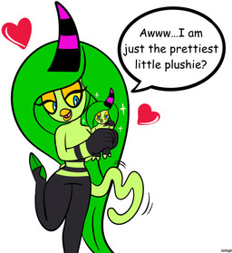 1_horn 2_toes admiring blue_eyes claws dialogue eyelashes eyeshadow feet female fingers grabbing_object green_body green_hair hair happy heart_shaped_tail heart_symbol horn lips lipstick long_eyelashes long_tail love makeup markings narrowed_eyes not_furry one_leg_up open_mouth plushie question question_mark raised_leg simple_background small_waist smile smiling_at_another solo sparkles speech_bubble striped_horn striped_markings stripes tail tail_motion text thick_lips toe_claws toes white_background wide_hips yellow_eyeshadow yellow_lips yellow_sclera iamhughmungus asian_mythology east_asian_mythology japanese_mythology mythology sega sonic_the_hedgehog_(series) the_deadly_six zeena alien alien_humanoid demon humanoid oni yokai zeti 2025 comic_sans digital_media_(artwork) english_text hi_res