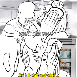 angry anthro bread dialogue duo featureless_face female food hair looking_down male open_mouth sad teeth text stillzero cavemanon_studios goodbye_volcano_high idiot_sandwich ko_op_(game_developer) snoot_game anon_(snoot_game) stella_(gvh_beta) dinosaur ornithischian prehistoric_species reptile scalie stegosaurian stegosaurus thyreophoran comic english_text meme