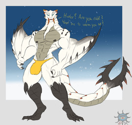 abs anthro biped black_body black_nipples black_scales blue_background blue_eyes bulge claws dialogue fangs finger_claws forked_tail grey_body grey_scales looking_at_viewer male multicolored_body multicolored_scales muscular muscular_anthro muscular_male nipples pecs scales simple_background solo tail talking_to_viewer teeth text toe_claws unusual_anatomy unusual_tail white_body white_scales winged_arms wings daikuhiroshiama capcom monster_hunter barioth flying_wyvern 2022 digital_media_(artwork) english_text hi_res