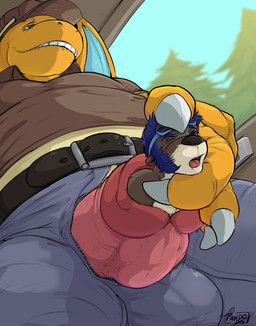 anthro ball_bulge balls belly belt bite biting_lip blue_eyes blue_eyewear blue_goggles blue_hair blue_sky body_outline bottomwear brown_body brown_clothing brown_fur brown_shirt brown_topwear claws clothed clothed_male clothing cock_vore day delivery_(commerce) delivery_employee delivery_uniform duo erection evergreen_tree eyewear eyewear_on_head feet_first fur genitals goggles goggles_on_head green_eyes hair inside_vehicle looking_pleasured macro macro_pred male male/male male_pred male_prey micro micro_prey nude_male nude_micro open_bottomwear open_clothing open_mouth open_pants orange_body overweight pants partially_inside penetration penile penis pine_tree pink_penis plant shirt size_difference sky teeth tongue topwear tree uniform urethral urethral_penetration vore whiskers white_body white_fur window wings pandottermon nintendo pokemon ups chester_(pandottermon) dragonite generation_1_pokemon mammal mustelid otter pokemon_(species) 2025 dated hi_res signature