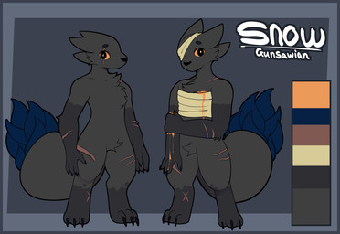 bandage bandaged_chest bandaged_head black_body black_fur black_nose blood blue_border bodily_fluids border cheek_tuft claws facial_tuft fluffy fluffy_tail fur grey_background looking_at_viewer male orange_eyes orange_sclera scar simple_background solo tail tuft almy casualties:_unknown snow_(sws) canid canine expie_(gunsawian) gunsawian hybrid mammal absurd_res hi_res