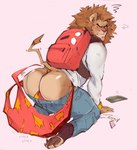 annoyed anthro backpack big_butt biped blush bottomwear bottomwear_down boxers_(clothing) brown_body brown_fur bubble_butt bulge butt butt_jiggle cellphone claws clothed clothed_anthro clothed_male clothing denim denim_bottomwear denim_clothing digitigrade electronics embarrassed eyes_mostly_closed fingers frown fur head_turned humanoid_hands humiliation jeans jiggling kneeling leaning leaning_forward looking_at_viewer looking_back male mane narrowed_eyes pants pants_down partially_clothed pawpads phone pink_background shirt simple_background smartphone solo tail three-quarter_view toe_claws topwear underwear wedgie white_clothing white_shirt white_topwear harryharold felid lion mammal pantherine 2024 colored guide_lines hi_res