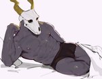 anthro areola bed bone bulge clothing furniture horn looking_at_viewer lying male muscular muscular_male nipples on_back on_side red_eyes simple_background skull skull_head solo underwear white_background kogito the_ancient_magus_bride elias_ainsworth demon absurd_res hi_res