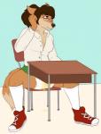 anthro biped bodily_fluids breasts clothed clothing diaper eyewear female fur genital_fluids glasses hair leaking_diaper sitting solo unclean_diaper urine urine_pool used_diaper watersports wearing_diaper wet_diaper wetting xchiseaxmargaritax jenny_(powhatan) canid canine canis fox hybrid mammal wolf hi_res