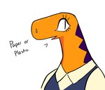 anthro clothed clothed_anthro clothed_female clothing dialogue eyelashes female female_anthro front_view markings open_mouth orange_body orange_scales orange_skin pupils purple_markings scales shirt simple_background slit_pupils solo text topwear white_background qwerty_soda shannon_(qwerty_soda) scalie 2024 digital_drawing_(artwork) digital_media_(artwork) english_text handwritten_text hi_res