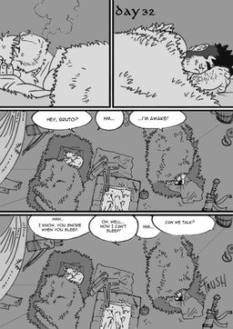 bed dialogue facial_piercing furniture male nose_piercing piercing text weapon husky92 european_mythology greek_mythology mythology bovid bovine human humanoid mammal minotaur orc comic english_text hi_res monochrome multiple_scenes