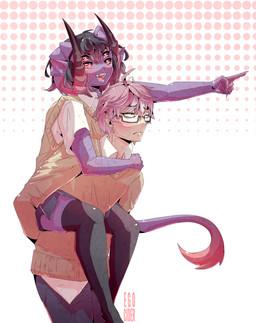 absolute_territory black_hair blonde_hair bottomwear carrying_another clothed clothing duo eyewear female gesture glasses grumpy hair hand_gesture happy horn legwear male multi_eye not_furry open_mouth piggyback pink_eyes pointing purple_body purple_skin skirt standing sweater sweater_vest thigh_highs topwear vest egocider ismadeus oliver_(egocider) demon human humanoid mammal 2018 absurd_res hi_res