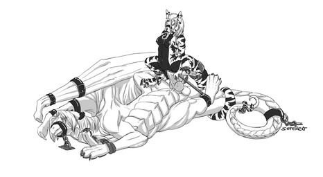 accessory anklet anthro anthro_on_feral anthro_penetrated balls bdsm bestiality bodily_fluids bondage bound breasts chain claws cowgirl_position cum cum_in_vagina cum_inside dominant dominant_female duo ear_piercing entwined_tails erection feet female female_on_feral female_on_top female_penetrated feral feral_penetrating feral_penetrating_anthro from_front_position furgonomics genital_fluids genitals hands_tied hindpaw interspecies jewelry knot larger_sub light_bondage lying male male/female male_on_anthro male_on_bottom male_penetrating male_penetrating_female mane membrane_(anatomy) membranous_wings muzzle_(object) muzzled nipple_piercing nipples on_bottom on_side on_top paws penetration penile penile_penetration penis penis_in_vagina piercing restraints ring rope saliva scales sex simple_background size_difference spread_legs spreader_bar spreading straddling stripes submissive submissive_male tail tail_accessory tail_coil tail_jewelry tail_ring tied_down tongue vaginal vaginal_penetration vulva white_background wing_bondage wings conditional_dnp sefeiren mythology caedere_(character) draconid dragon mammal mythological_creature mythological_scalie scalie monochrome