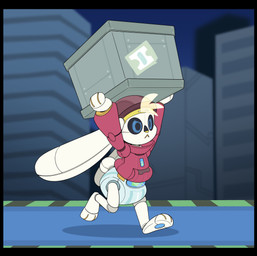 ambiguous_gender black_border border box brown_clothing brown_hat brown_headwear clean_diaper clothed clothing container detailed_background diaper hat headgear headwear holding_box holding_container holding_object holding_object_above_head hoodie red_clothing red_hoodie red_topwear running screen screen_face scut_tail short_tail solo tail topwear wearing_diaper wearing_hat white_body yellow_nose bubblepuppers fakemon nintendo pokemon mistletoe_(dylanamin) generation_8_pokemon paradox_pokemon pokemon_(species) raboot absurd_res hi_res