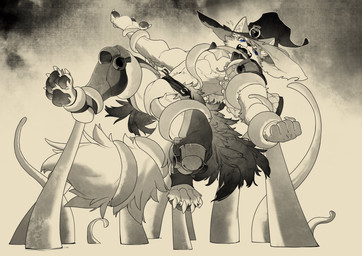 abs anthro armor blue_eyes bottomwear bulge clothed clothing detailed_bulge fangs fur hair hat headgear headwear loincloth male multicolored_body multicolored_fur muscular muscular_male open_mouth partially_clothed pecs solo teeth tentacles tentacles_around_body tentacles_around_penis two_tone_body two_tone_fur witch_hat miaoshazi canid canine canis mammal wolf absurd_res hi_res