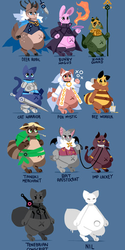 ambiguous_gender anthro antlers armor backpack biped blue_background bottomless bottomless_anthro bucket clothed clothing collar container eyes_closed fantasy fantasy_weapon fire fluffy food fur group hand_on_hip holding_melee_weapon holding_object holding_weapon honey_(food) hooves horn leash leash_pull leashed_collar magic male melee_weapon multicolored_body multicolored_fur neck_tuft object_in_mouth pear-shaped_figure polearm robe semi-anthro shield simple_background slightly_chubby slime smile spear sword text tuft weapon wheat wheat_in_mouth wide_hips sutihukka suti_(sutihukka) arthropod bat bee canid canine canis deer domestic_dog fox goo_creature hymenopteran imp insect lagomorph leporid mammal rabbit raccoon_dog scalie tanuki unknown_species 2025 absurd_res english_text hi_res model_sheet
