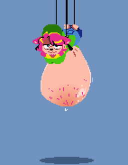 ambiguous_gender arms_tied barefoot baseball_cap bdsm belly belly_blush belly_hair belly_overhang big_belly blinking bloated blush bodily_fluids body_blush body_hair bondage bottomwear bound clothing denim denim_bottomwear denim_clothing embarrassed feet hair hat headgear headwear hoodie jeans legs_tied pants pink_hair sloshing_belly solo stretch_marks stubble suspension suspension_bondage sweat topwear wavy_hair wiggle_lines pawplants madd_(pawplants) animal_humanoid felid felid_humanoid humanoid mammal mammal_humanoid animated animated_gif digital_media_(artwork) pixel_(artwork) pixel_animation short_playtime nonbinary_(lore)