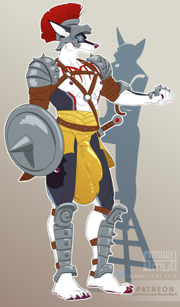abs anthro armor balls_outline big_bulge biped bulge detailed_bulge feet frown genital_outline harness headgear helmet hindpaw huge_bulge male male_anthro muscular muscular_anthro muscular_male paws penis_outline plantigrade scabbard shin_guards shoulder_guards solo snowmutt meeper canid canine mammal absurd_res hi_res