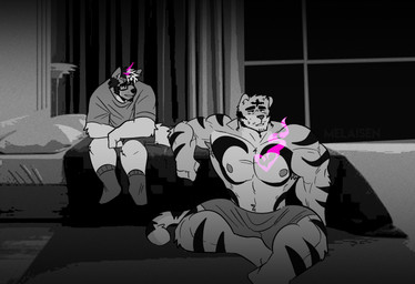 anthro barazoku bed big_muscles bodily_fluids briefs clothed clothed_anthro clothed_male clothing duo footwear fur furniture hair looking_at_another male male_anthro muscular muscular_anthro muscular_male nipples on_bed pecs shirt sitting sitting_on_bed smile socks striped_body striped_fur stripes sweat t-shirt topwear underwear window melaisen bau_(melaisen) ramiro_(melaisen) akita canid canine canis domestic_dog felid mammal pantherine spitz tiger 2023 absurd_res digital_drawing_(artwork) digital_media_(artwork) hi_res monochrome partially_colored