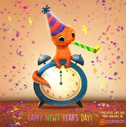 alarm_clock ambiguous_gender clock clothing confetti feral hat headgear headwear holidays humor noisemaker party_hat pun solo visual_pun yellow_eyes piper_thibodeau new_year amphibian newt salamander digital_media_(artwork) digital_painting_(artwork) painting_(artwork)